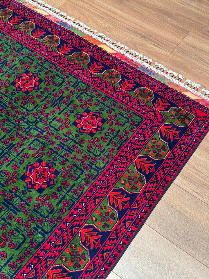 Afgan Halısı Yeşil Hamyap Orijinal El Dokuması Kök Boya Yün 144x196 2.82 Metrekare - 4x6 ft