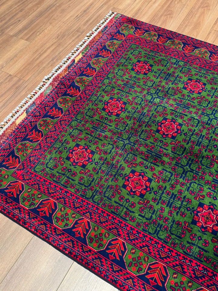 Afgan Halısı Yeşil Hamyap Orijinal El Dokuması Kök Boya Yün 144x196 2.82 Metrekare - 4x6 ft