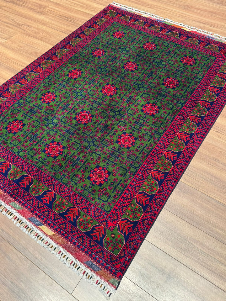 Afgan Halısı Yeşil Hamyap Orijinal El Dokuması Kök Boya Yün 144x196 2.82 Metrekare - 4x6 ft