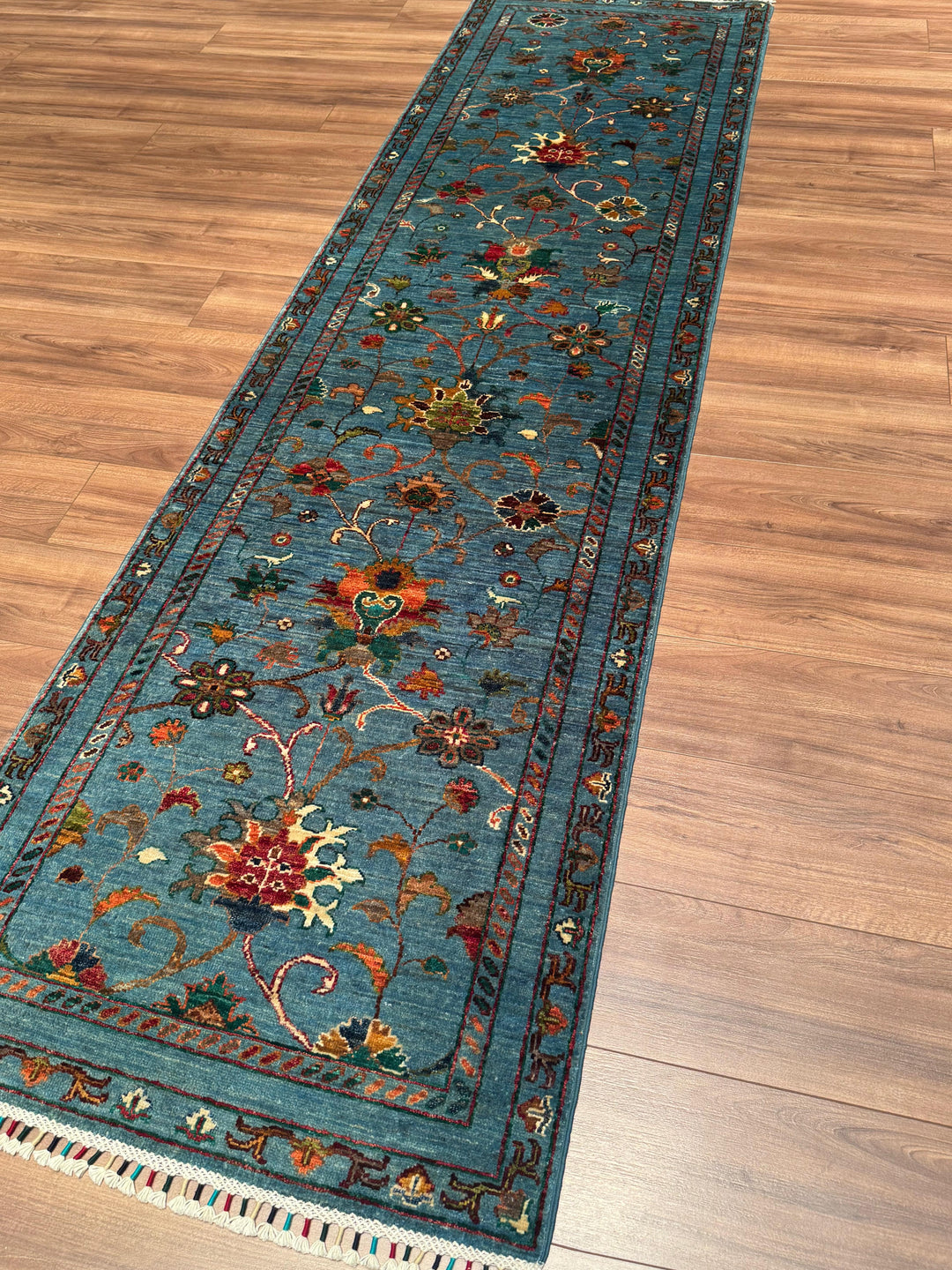 Sultani Binbirgece Yolluk Orijinal El Dokuması Mavi Kök Boya Yün Halı 0.80x296 2.37 Metrekare - 3x10 ft