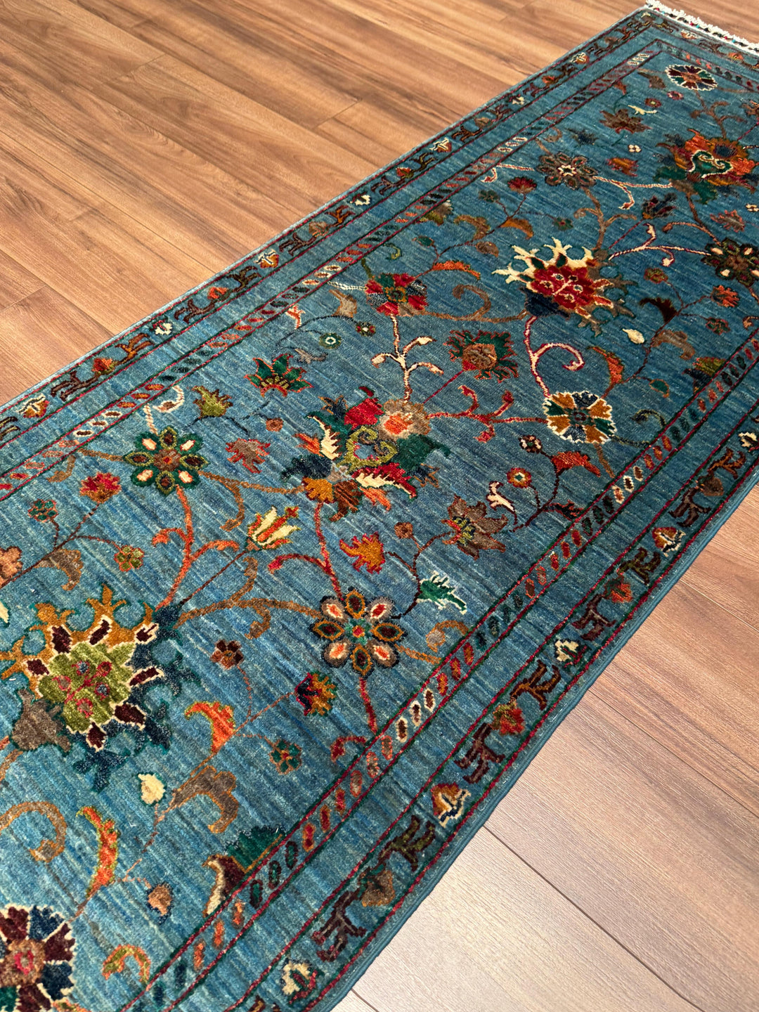 Sultani Binbirgece Yolluk Orijinal El Dokuması Mavi Kök Boya Yün Halı 0.80x296 2.37 Metrekare - 3x10 ft