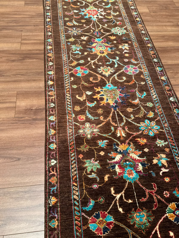 Sultani Binbirgece Yolluk Orijinal El Dokuması Kahverengi Kök Boya Yün Halı 0.81x298 2.41 Metrekare - 3x10 ft
