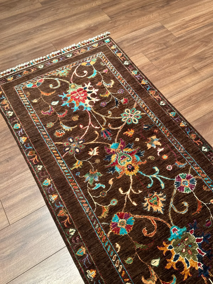 Sultani Binbirgece Yolluk Orijinal El Dokuması Kahverengi Kök Boya Yün Halı 0.81x298 2.41 Metrekare - 3x10 ft