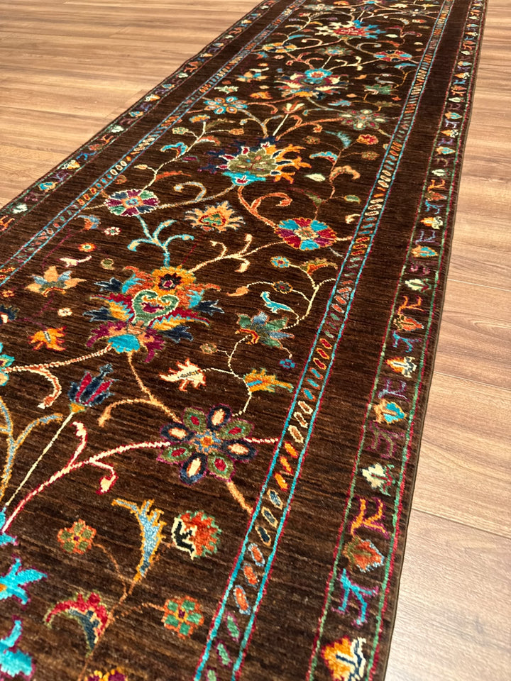 Sultani Binbirgece Yolluk Orijinal El Dokuması Kahverengi Kök Boya Yün Halı 0.81x298 2.41 Metrekare - 3x10 ft