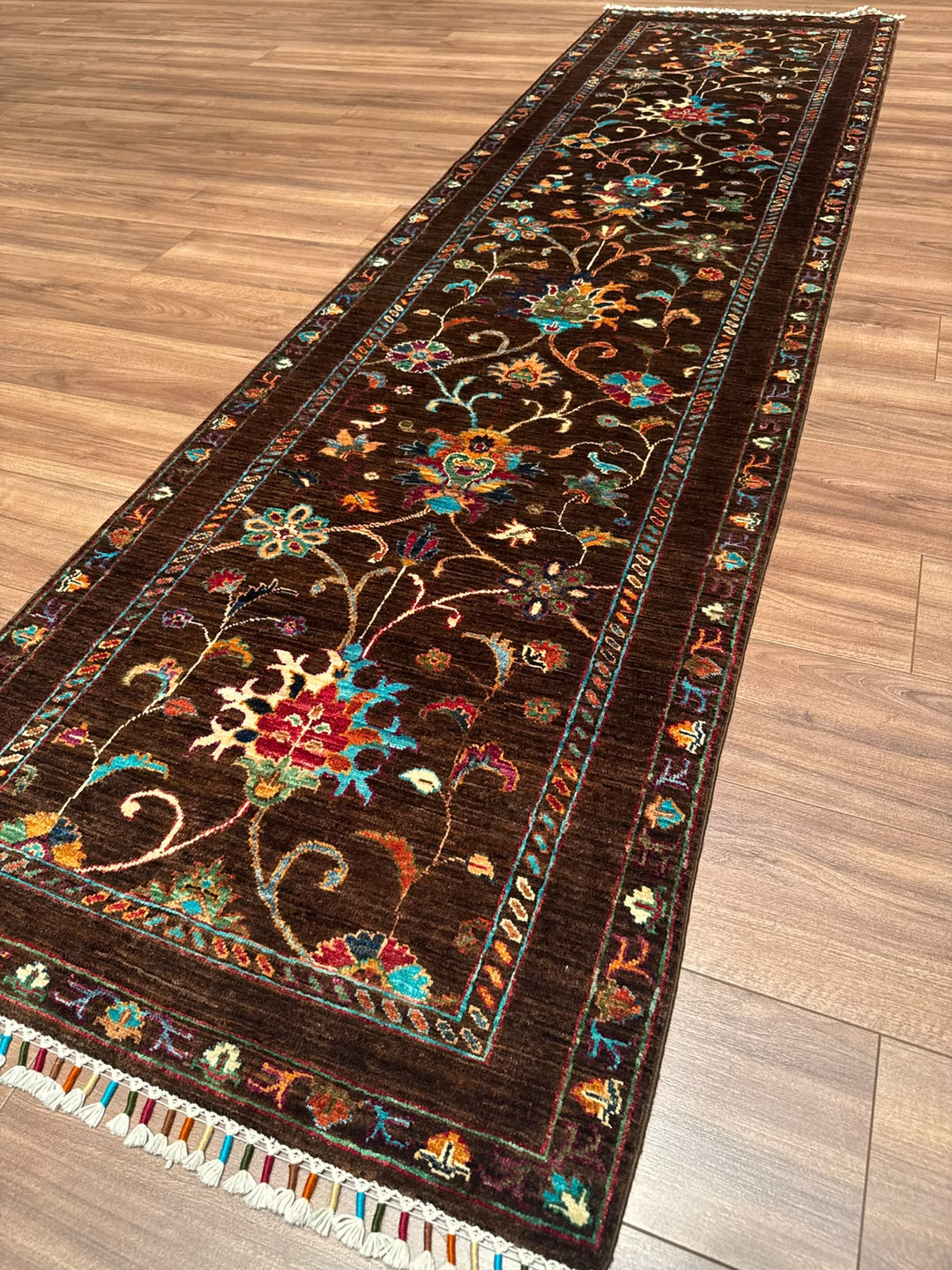 Sultani Binbirgece Yolluk Orijinal El Dokuması Kahverengi Kök Boya Yün Halı 0.81x298 2.41 Metrekare - 3x10 ft