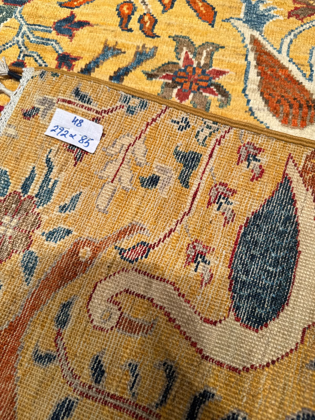 Kuş Orijinal El Dokuması Yolluk Sarı Kök Boya Yün Halı 0.85x285 2.42 Metrekare - 3x10 ft