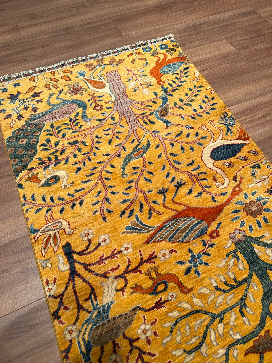 Kuş Orijinal El Dokuması Yolluk Sarı Kök Boya Yün Halı 0.85x285 2.42 Metrekare - 3x10 ft