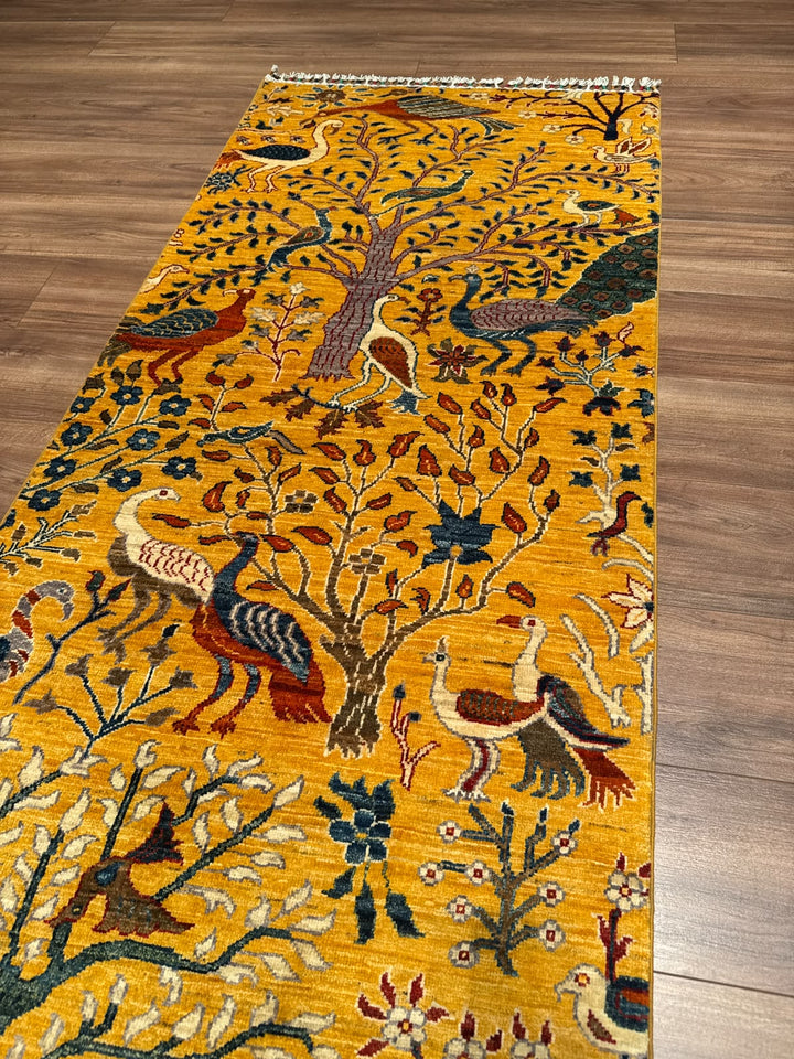 Kuş Orijinal El Dokuması Yolluk Sarı Kök Boya Yün Halı 0.85x285 2.42 Metrekare - 3x10 ft