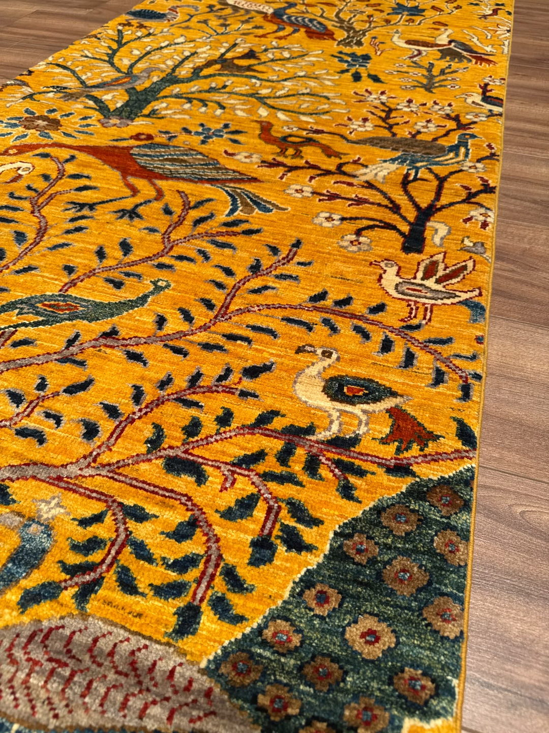 Kuş Orijinal El Dokuması Yolluk Sarı Kök Boya Yün Halı 0.85x285 2.42 Metrekare - 3x10 ft