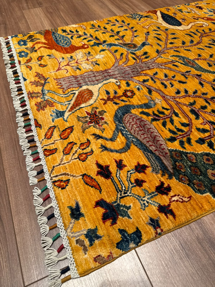 Kuş Orijinal El Dokuması Yolluk Sarı Kök Boya Yün Halı 0.85x285 2.42 Metrekare - 3x10 ft