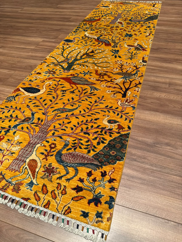 Kuş Orijinal El Dokuması Yolluk Sarı Kök Boya Yün Halı 0.85x285 2.42 Metrekare - 3x10 ft