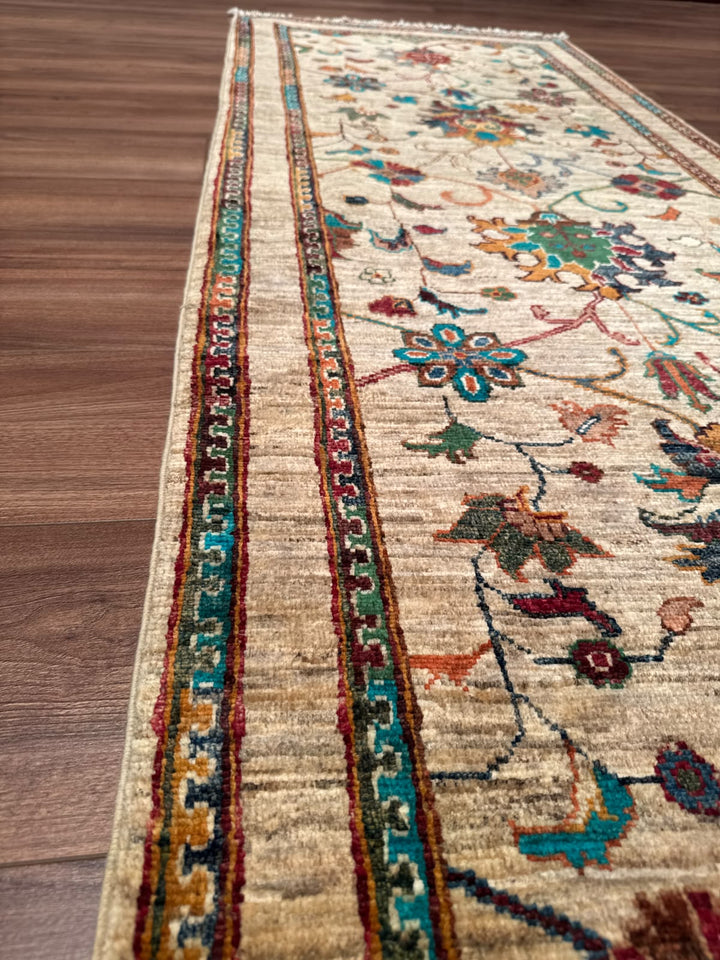 Sultani Binbirgece Yolluk Orijinal El Dokuması Bej Kök Boya Yün Halı 0.81x296 2.40 Metrekare - 3x10 ft