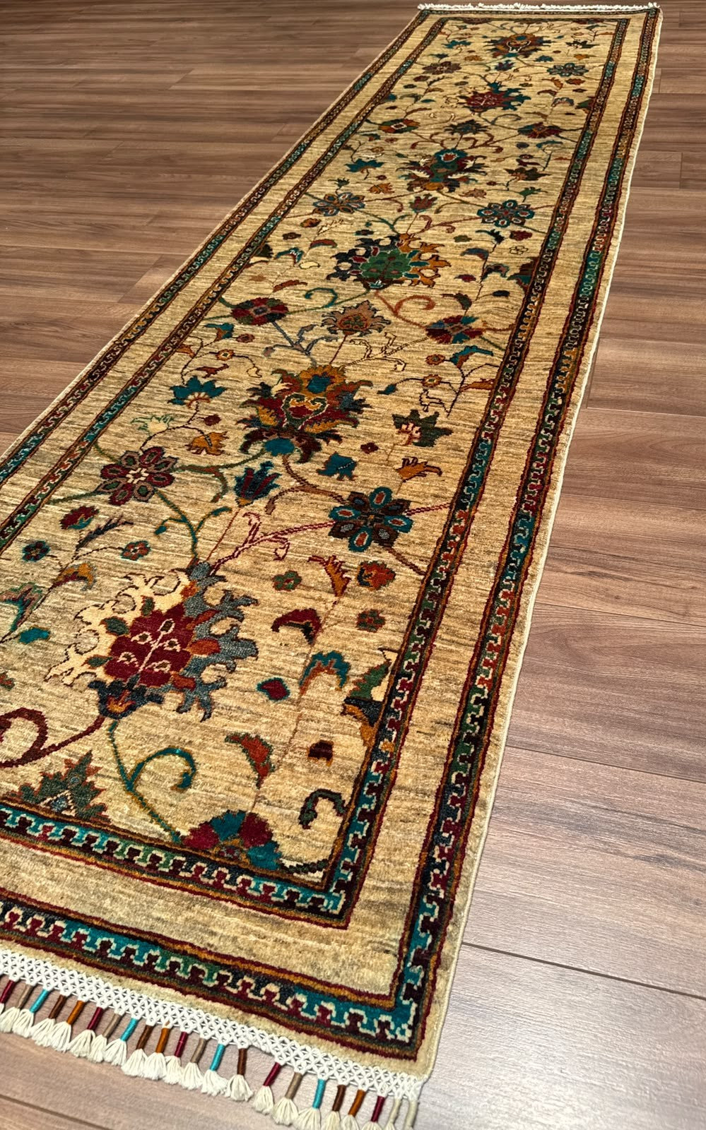 Sultani Binbirgece Yolluk Orijinal El Dokuması Bej Kök Boya Yün Halı 0.81x296 2.40 Metrekare - 3x10 ft