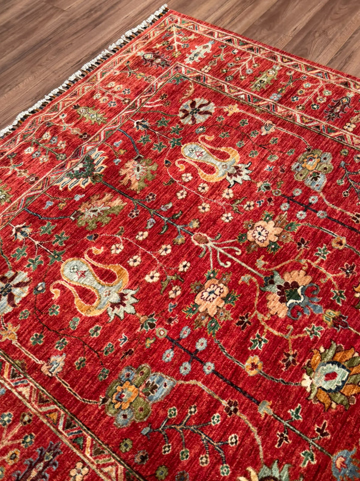 Sultani Çiçekli Orijinal El Dokuması Kırmızı Kök Boya Yün Halı 182x236 4.30 Metrekare - 6x8 ft