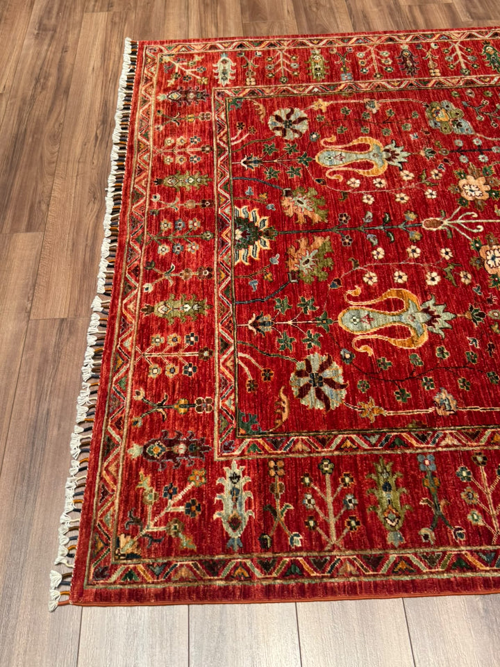 Sultani Çiçekli Orijinal El Dokuması Kırmızı Kök Boya Yün Halı 182x236 4.30 Metrekare - 6x8 ft