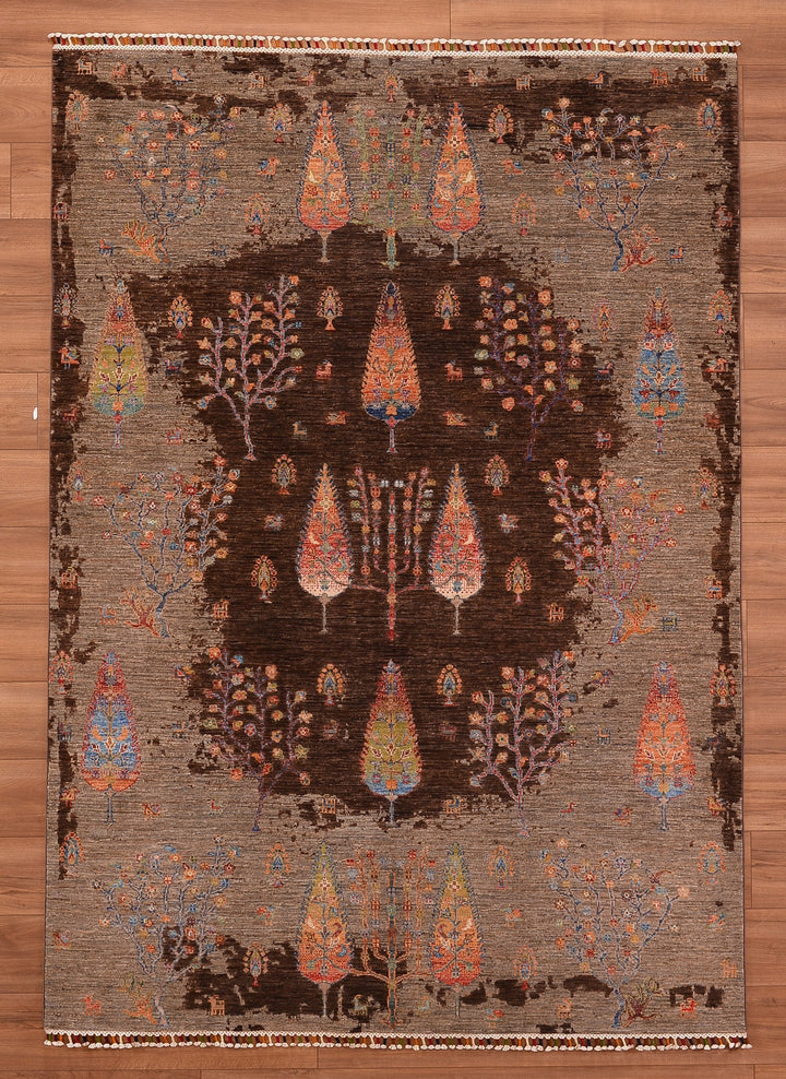 Sultani Tree Pattern Original Hand Woven Brown Vegetable Dyed Wool Carpet 174x245 4.26 Square Meters - 6x8 ft