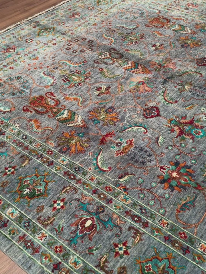 Sultani Binbirgece Orijinal El Dokuması Gri Kök Boya Yün Halı 247x347 8.57 Metrekare - 9x12 ft
