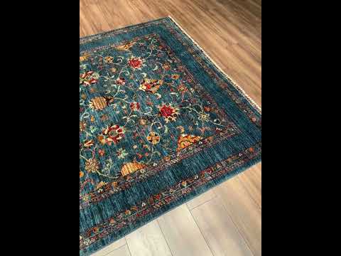 سجادة صوفية أصلية منسوجة يدويًا من صوف مصبوغ بجذور زرقاء، مستوحاة من ألف ليلة وليلة، بمقاس 200 × 298 سم (5.96 متر مربع) - 7 × 10 قدم