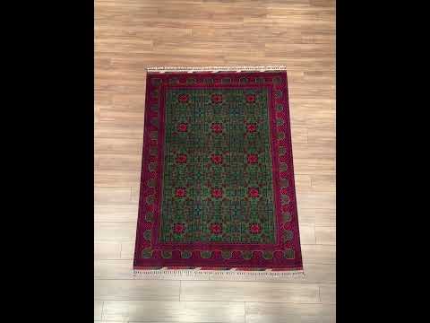 Afgan Halısı Yeşil Hamyap Orijinal El Dokuması Kök Boya Yün 168x231 3.88 Metrekare - 5x7 ft