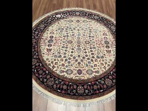 Hereke Yedi Dağın Çiçeği Yuvarlak Orijinal El Dokuması Mavi Krem Yün Halı 152x152 2.31 Metrekare - 5x5 ft
