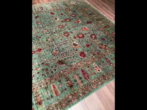Sultani Çiçekli Orijinal El Dokuması Turkuaz Kök Boya Yün Halı 270x383 10.34 Metrekare - 9x13 ft