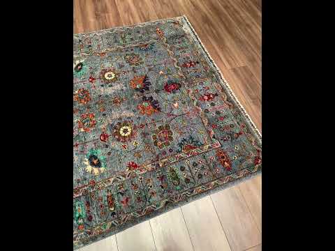 Sultani Çiçekli Orijinal El Dokuması Gri Kök Boya Yün Halı 179x238 4.26 Metrekare - 5x8 ft