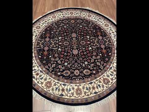 Hereke Yedi Dağın Çiçeği Yuvarlak Orijinal El Dokuması Mavi Krem Yün Halı 155x155 2.40 Metrekare - 5x5 ft