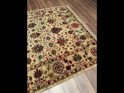 Sultani Floral Original Hand-Woven Beige Root-Dyed Wool Rug 203x312 6.33 Square Meters - 7x10 ft