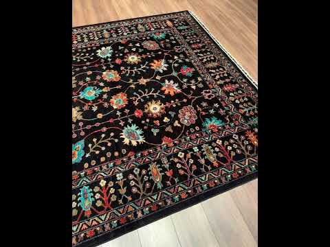 Sultani Çiçekli Orijinal El Dokuması Siyah Kök Boya Yün Halı 211x307 6.48 Metrekare - 7x10 ft
