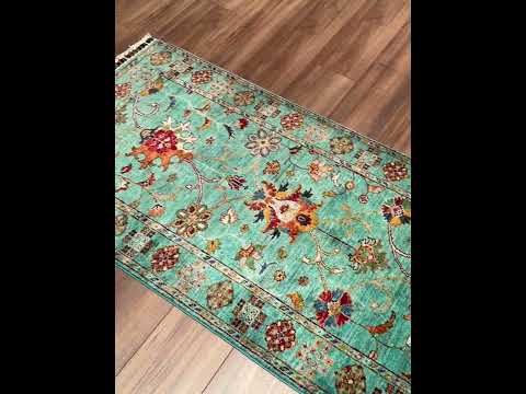Sultani Binbirgece Yolluk Orijinal El Dokuması Turkuaz Kök Boya Yün Halı 0.80x281 2.25 Metrekare - 3x10 ft