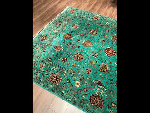 Sultani Binbirgece Orijinal El Dokuması Turkuaz Kök Boya Yün Halı 201x298 5.99 Metrekare - 7x10 ft
