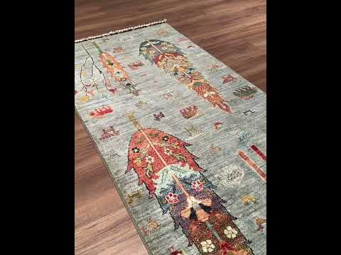 سجادة صوف مصبوغة يدوياً باللون الرمادي منسوجة يدوياً بتصميم شجرة الحياة 0.78x311 2.43 متر مربع - 3x10 قدم