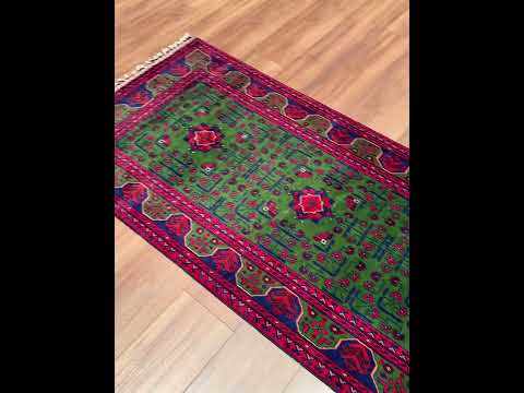 Afgan Halısı Yeşil Hamyap Yolluk Orijinal El Dokuması Kök Boya Yün 0.84x297 2.49 Metrekare - 3x10 ft