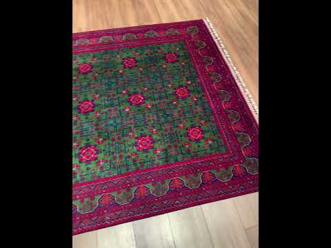 Afgan Halısı Yeşil Hamyap Orijinal El Dokuması Kök Boya Yün 166x234 3.88 Metrekare - 5x7 ft