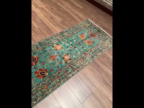 Sultani Binbirgece Uzun Yolluk Orijinal El Dokuması Turkuaz Kök Boya Yün Halı 0.77x410 3.16 Metrekare - 3x13 ft