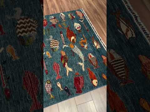 سجادة صوفية أصلية منسوجة يدويًا من فيش، مصبوغة بجذور زرقاء، مقاس 156 × 208 سم (3.24 متر مربع) - 5 × 7 قدم 