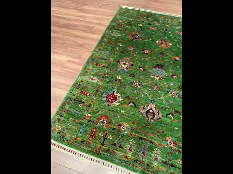 Sultani One Thousand and One Nights Original Hand-Woven Green Natural Dye Wool Rug 154x209 3.22 Square Meters - 5x6 ft