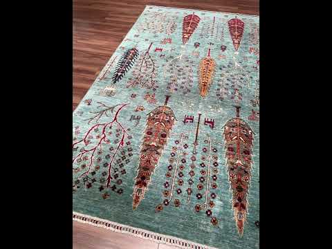 Hayat Ağacı Orijinal El Dokuması Turkuaz Kök Boya Yün Halı 206x289 5.95 Metrekare - 7x10 ft
