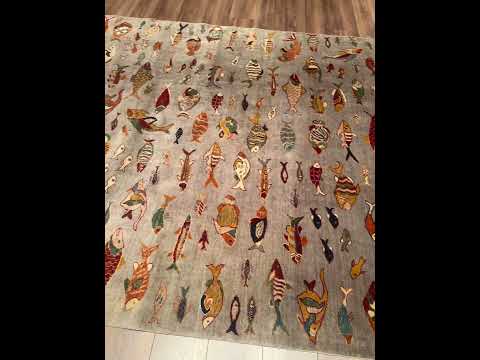 Balık Orijinal El Dokuması Gri Kök Boya Yün Halı 204x294 6 Metrekare - 7x10 ft