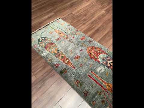سجادة صوفية عداء بتصميم شجرة الحياة منسوجة يدويًا بلون رمادي 0.82 × 310 (2.54 متر مربع) - 3 × 10 قدم