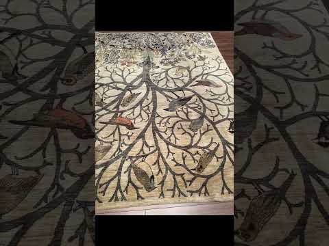 Bird Tree Original Hand-Woven Cream Root-Dyed Wool Carpet 245x298 7.30 Square Meters - 8x10 ft