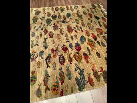 Fish Original Handwoven Beige Vegetable Dye Wool Rug 210x305 6.41 Square Meters - 7x10 ft