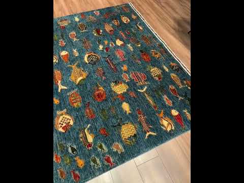Balık Orijinal El Dokuması Mavi Kök Boya Yün Halı 210x311 6.53 Metrekare - 7x10 ft