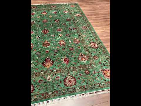 سجادة سلطانية أصلية منسوجة يدويًا من الصوف المصبوغ بجذور خضراء، مستوحاة من ألف ليلة وليلة، مقاس 249 × 312 سم (7.77 متر مربع) - 7 × 10 قدم 