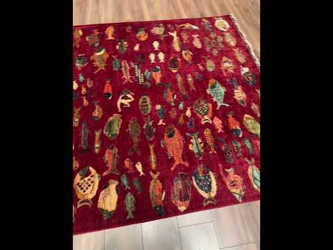 Balık Orijinal El Dokuması Kırmızı Kök Boya Yün Halı 178x246 4.38 Metrekare - 6x8 ft