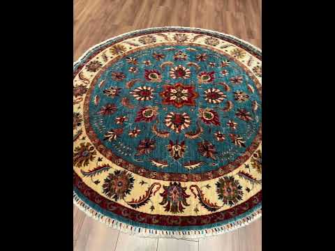 Sultani One Thousand and One Nights Round Original Hand-Woven Blue Root Dye Wool Carpet 178x181 3.22 Square Meters - 6x6 ft