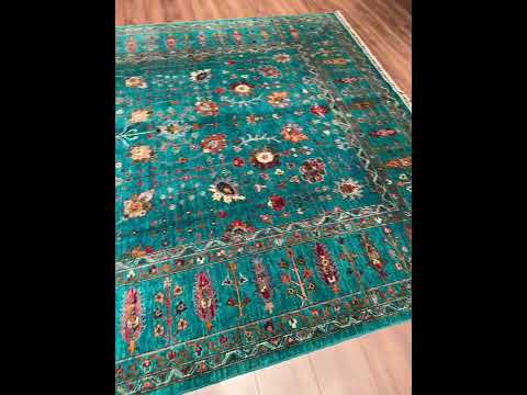 Sultani Çiçekli Orijinal El Dokuması Turkuaz Kök Boya Yün Halı 242x300 7.26 Metrekare - 8x10 ft