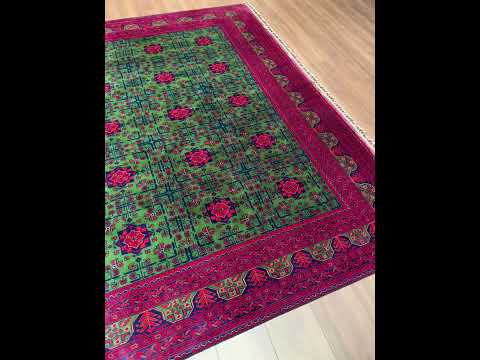 سجادة أفغانية همدان خضراء أصلية منسوجة يدويًا صوف مصبوغ طبيعي 244 × 340 سم 8.30 متر مربع - 8 × 11 قدم