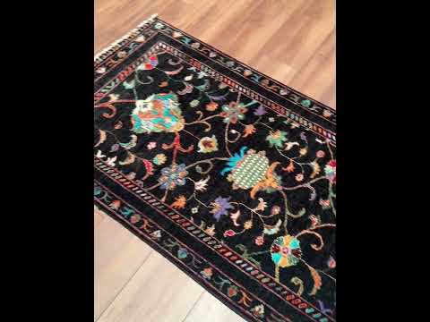 Sultani Binbirgece Yolluk Orijinal El Dokuması Siyah Kök Boya Yün Halı 0.79x251 1.98 Metrekare - 3x8 ft
